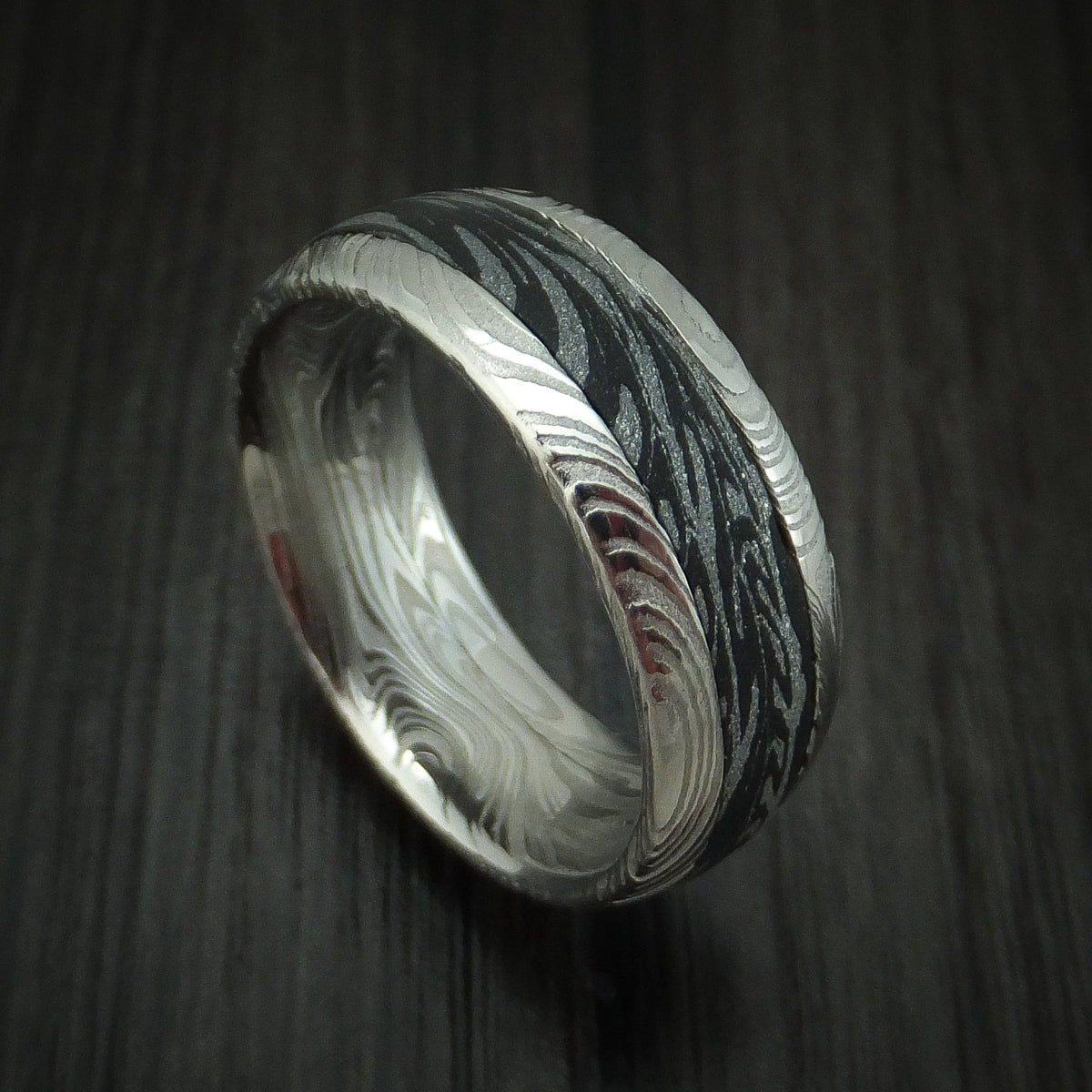North X - Woodgrain Kuro Damascus Steel and SpectraMokume Men's Wedding Ring Band - Nura Lab