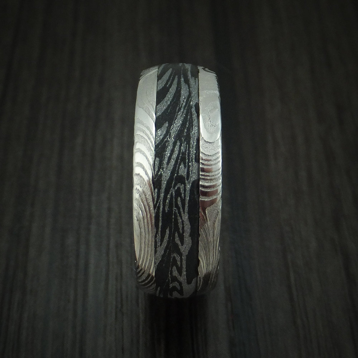 North X - Woodgrain Kuro Damascus Steel and SpectraMokume Men's Wedding Ring Band - view 3 - Nura Lab
