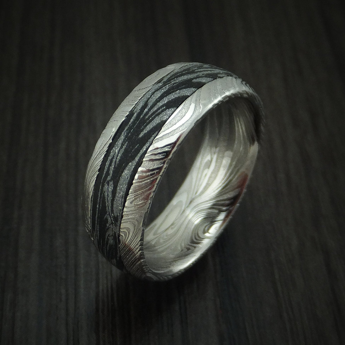 North X - Woodgrain Kuro Damascus Steel and SpectraMokume Men's Wedding Ring Band - view 4 - Nura Lab
