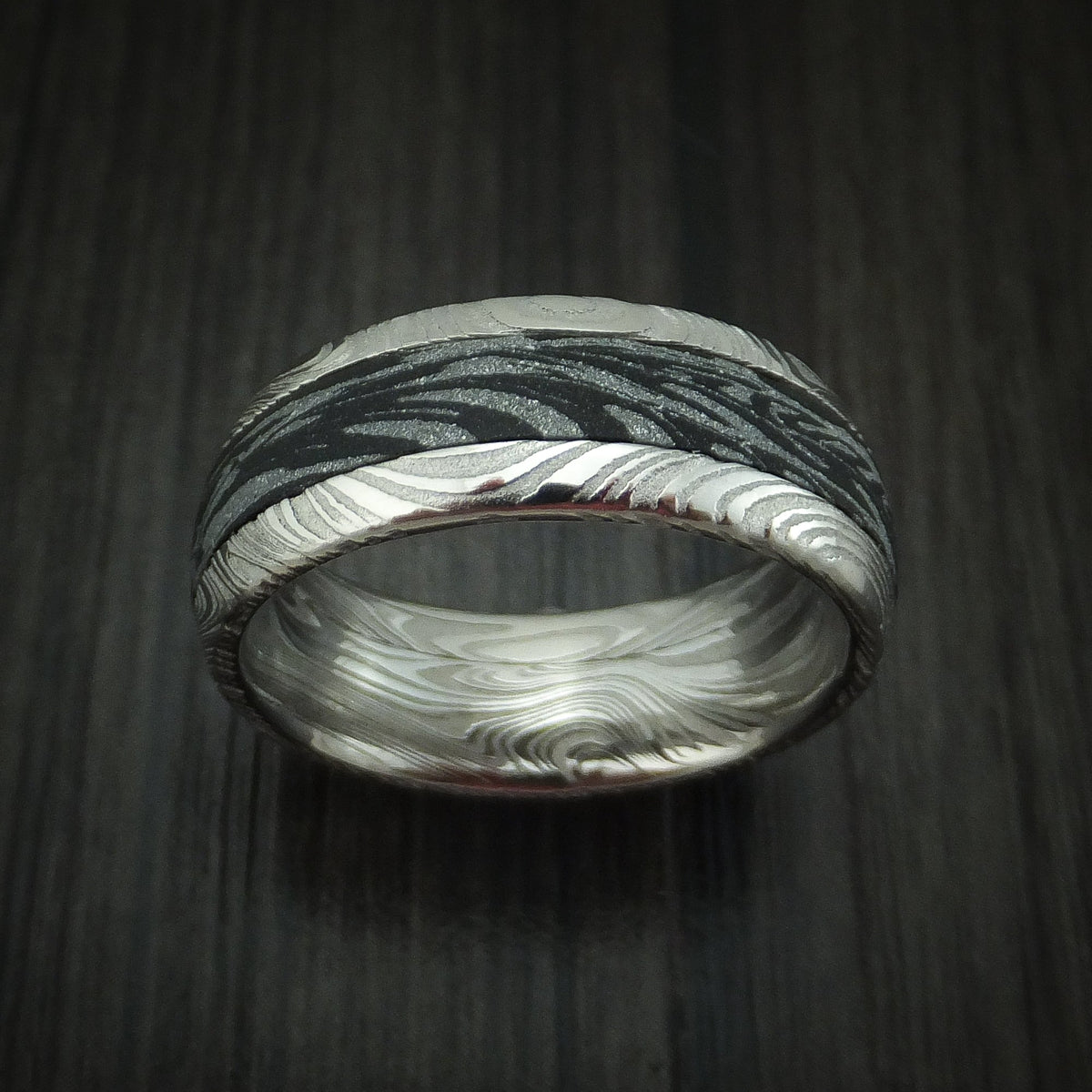 North X - Woodgrain Kuro Damascus Steel and SpectraMokume Men's Wedding Ring Band - view 2 - Nura Lab