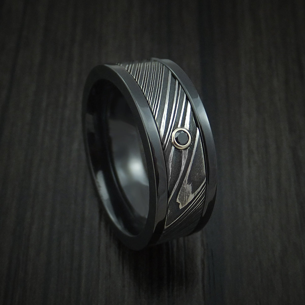 Blackstone X - Black Zirconium and Woodgrain Kuro Damascus Steel Band with Black Diamond Men's Wedding Ring - Nura Lab