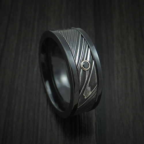 Blackstone X - Black Zirconium and Woodgrain Kuro Damascus Steel Band with Black Diamond Men's Wedding Ring - Nura Lab