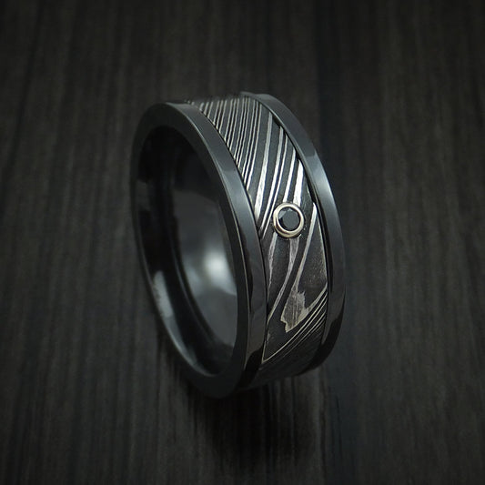 Blackstone X - Black Zirconium and Woodgrain Kuro Damascus Steel Band with Black Diamond Men's Wedding Ring - Nura Lab