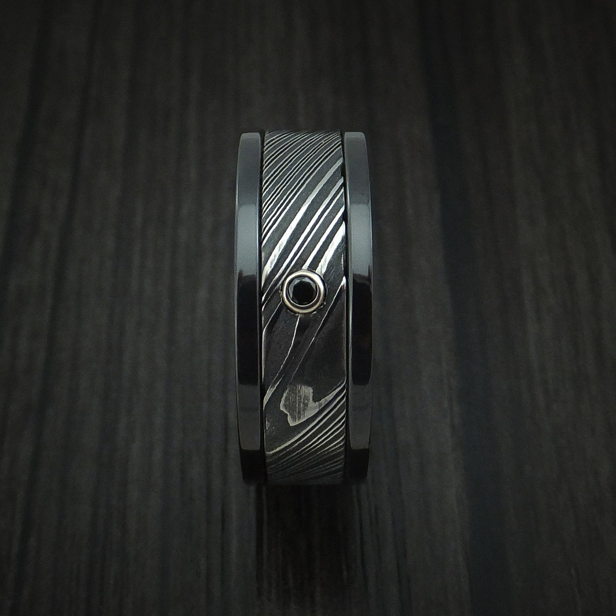 Blackstone X - Black Zirconium and Woodgrain Kuro Damascus Steel Band with Black Diamond Men's Wedding Ring - view 3 - Nura Lab