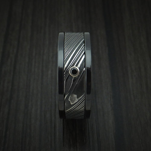 Blackstone X - Black Zirconium and Woodgrain Kuro Damascus Steel Band with Black Diamond Men's Wedding Ring - view 3 - Nura Lab
