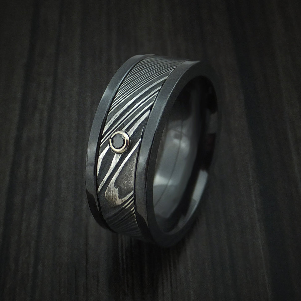 Blackstone X - Black Zirconium and Woodgrain Kuro Damascus Steel Band with Black Diamond Men's Wedding Ring - view 4 - Nura Lab