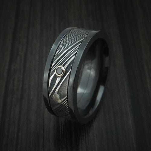 Blackstone X - Black Zirconium and Woodgrain Kuro Damascus Steel Band with Black Diamond Men's Wedding Ring - view 4 - Nura Lab