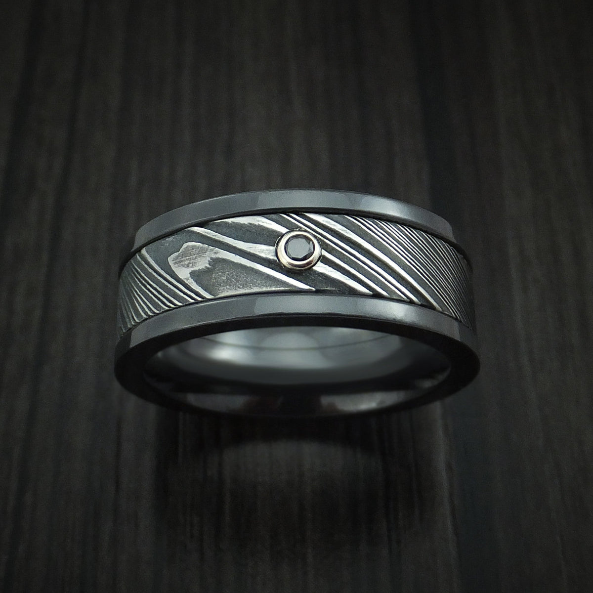 Blackstone X - Black Zirconium and Woodgrain Kuro Damascus Steel Band with Black Diamond Men's Wedding Ring - view 2 - Nura Lab