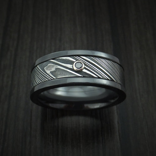 Blackstone X - Black Zirconium and Woodgrain Kuro Damascus Steel Band with Black Diamond Men's Wedding Ring - view 2 - Nura Lab