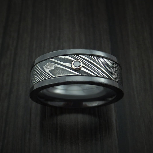 Blackstone X - Black Zirconium and Woodgrain Kuro Damascus Steel Band with Black Diamond Men's Wedding Ring - view 2 - Nura Lab