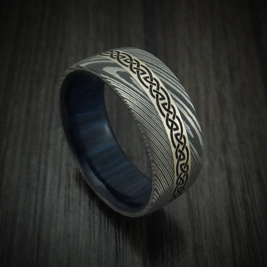 Rimu X - Damascus Steel Celtic Men's Wedding Ring With 14K White Gold Inlay And Hardwood Sleeve Band - Nura Lab
