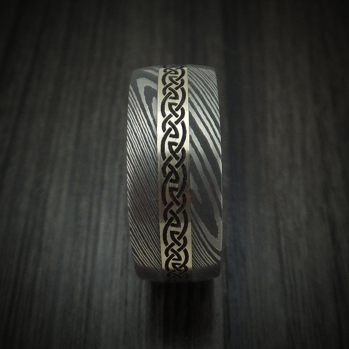 Rimu X - Damascus Steel Celtic Men's Wedding Ring With 14K White Gold Inlay And Hardwood Sleeve Band - view 3 - Nura Lab