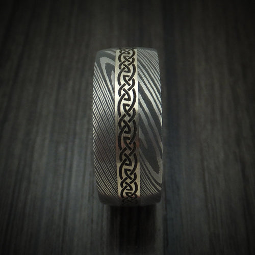 Rimu X - Damascus Steel Celtic Men's Wedding Ring With 14K White Gold Inlay And Hardwood Sleeve Band - view 3 - Nura Lab