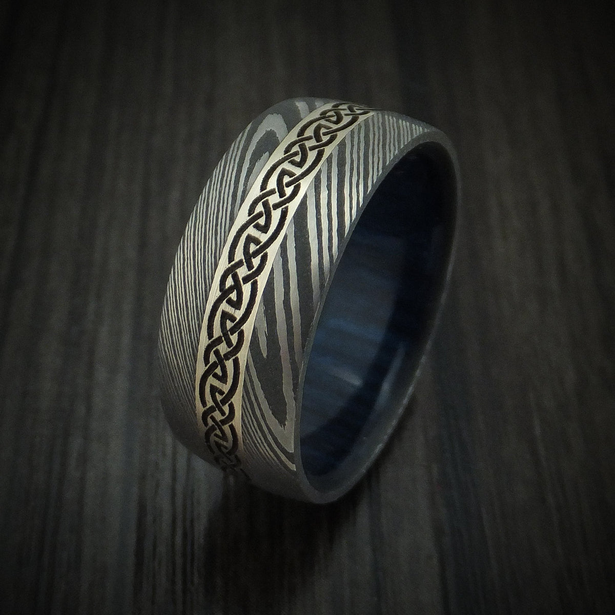 Rimu X - Damascus Steel Celtic Men's Wedding Ring With 14K White Gold Inlay And Hardwood Sleeve Band - view 4 - Nura Lab