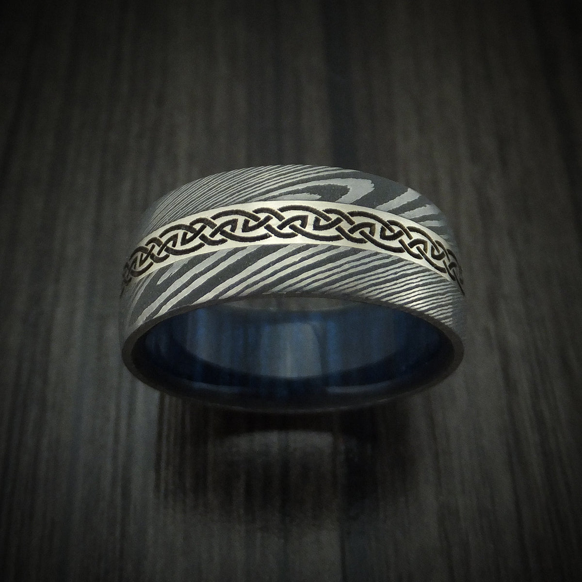 Rimu X - Damascus Steel Celtic Men's Wedding Ring With 14K White Gold Inlay And Hardwood Sleeve Band - view 2 - Nura Lab