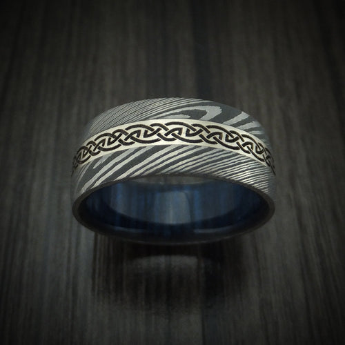 Rimu X - Damascus Steel Celtic Men's Wedding Ring With 14K White Gold Inlay And Hardwood Sleeve Band - view 2 - Nura Lab