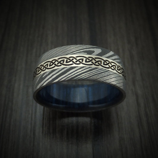Rimu X - Damascus Steel Celtic Men's Wedding Ring With 14K White Gold Inlay And Hardwood Sleeve Band - view 2 - Nura Lab