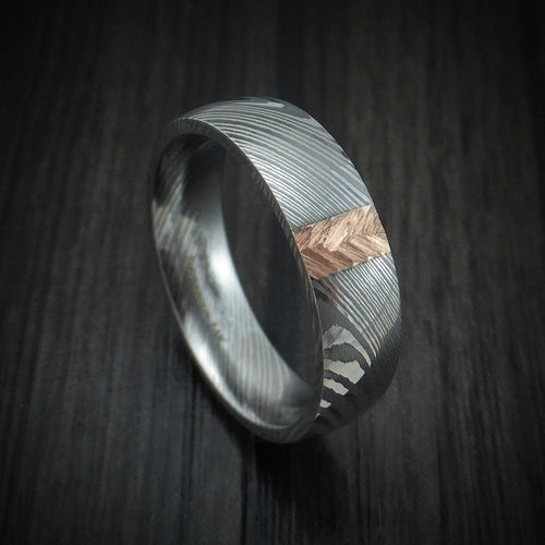 Resolute X - Damascus Steel and Gold Men's Wedding Ring with Feather Texture Band - Nura Lab