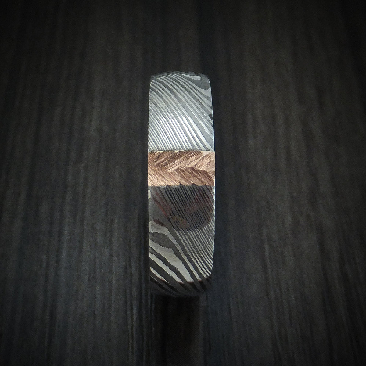 Resolute X - Damascus Steel and Gold Men's Wedding Ring with Feather Texture Band - view 3 - Nura Lab