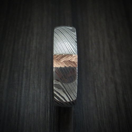Resolute X - Damascus Steel and Gold Men's Wedding Ring with Feather Texture Band - view 3 - Nura Lab
