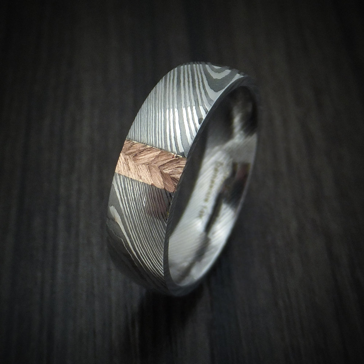 Resolute X - Damascus Steel and Gold Men's Wedding Ring with Feather Texture Band - view 4 - Nura Lab