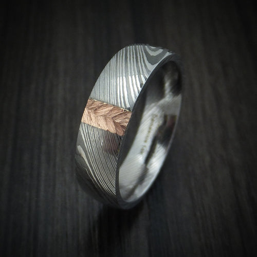 Resolute X - Damascus Steel and Gold Men's Wedding Ring with Feather Texture Band - view 4 - Nura Lab