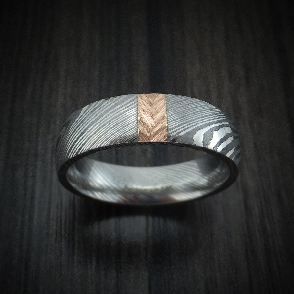 Resolute X - Damascus Steel and Gold Men's Wedding Ring with Feather Texture Band - view 2 - Nura Lab