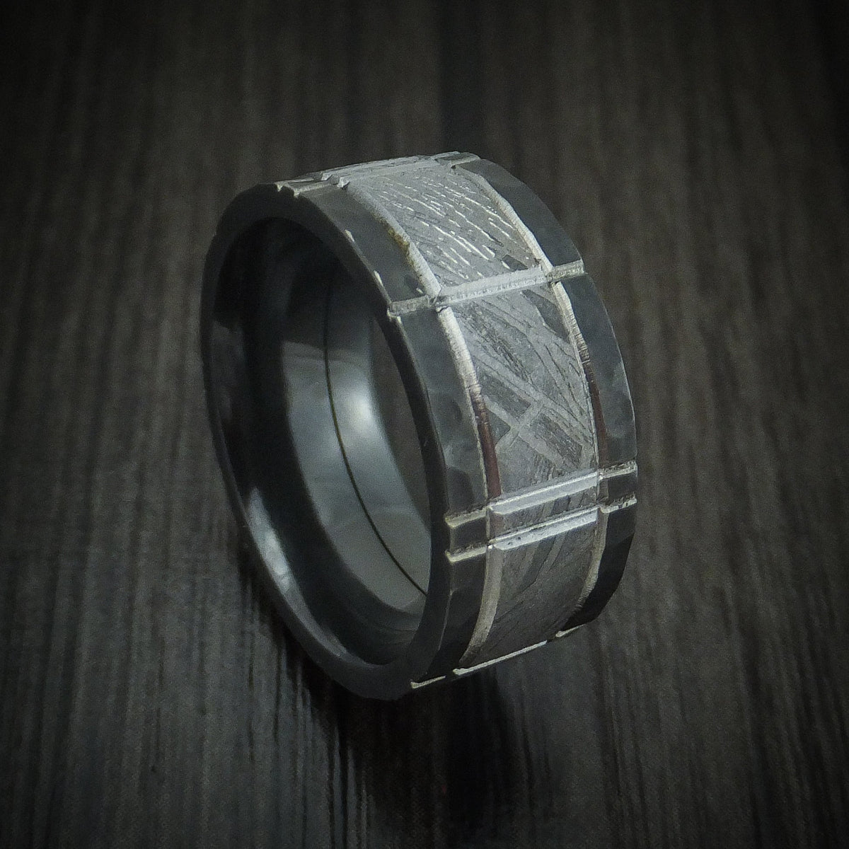 Griffin XVII - Black Zirconium and Meteorite Crosshatch Design Men's Wedding Ring Band - Nura Lab