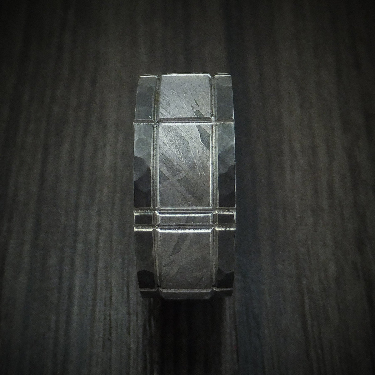 Griffin XVII - Black Zirconium and Meteorite Crosshatch Design Men's Wedding Ring Band - view 3 - Nura Lab