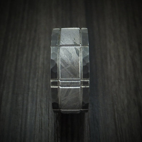 Griffin XVII - Black Zirconium and Meteorite Crosshatch Design Men's Wedding Ring Band - view 3 - Nura Lab