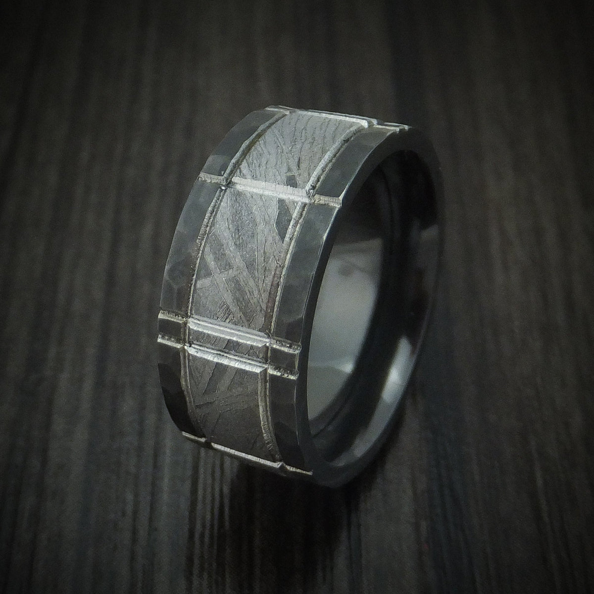 Griffin XVII - Black Zirconium and Meteorite Crosshatch Design Men's Wedding Ring Band - view 4 - Nura Lab
