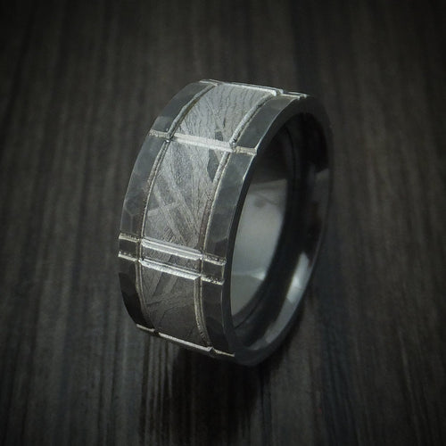 Griffin XVII - Black Zirconium and Meteorite Crosshatch Design Men's Wedding Ring Band - view 4 - Nura Lab