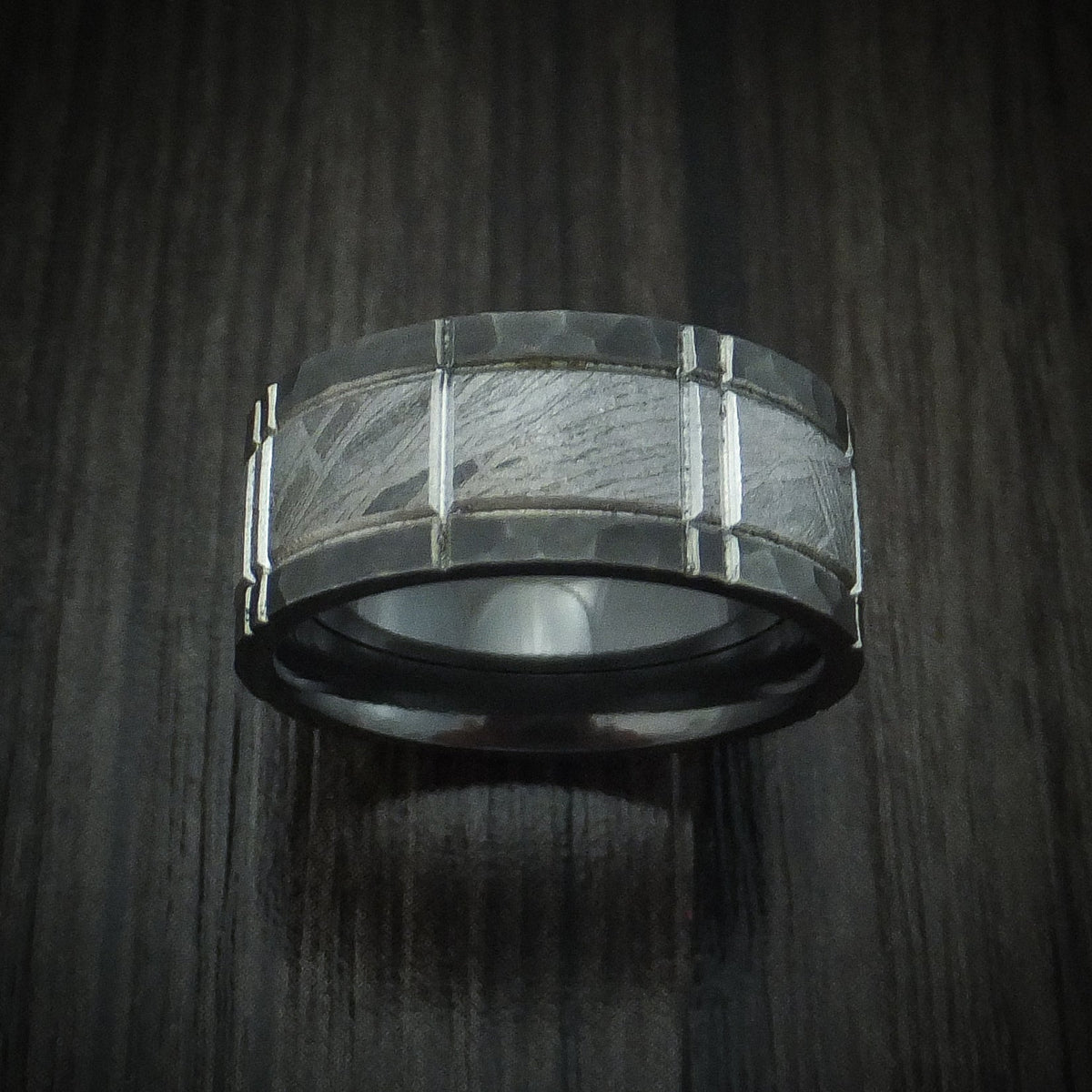 Griffin XVII - Black Zirconium and Meteorite Crosshatch Design Men's Wedding Ring Band - view 2 - Nura Lab