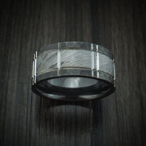 Griffin XVII - Black Zirconium and Meteorite Crosshatch Design Men's Wedding Ring Band - view 2 - Nura Lab
