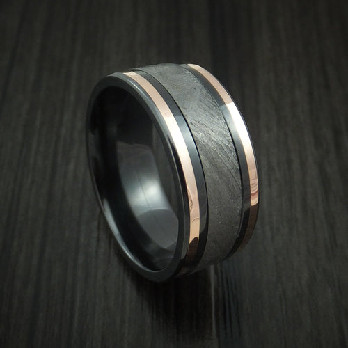 Overlander XVII - Black Zirconium and Gibeon Meteorite Men's Wedding Ring with 14K Rose Gold Inlays Band - Nura Lab