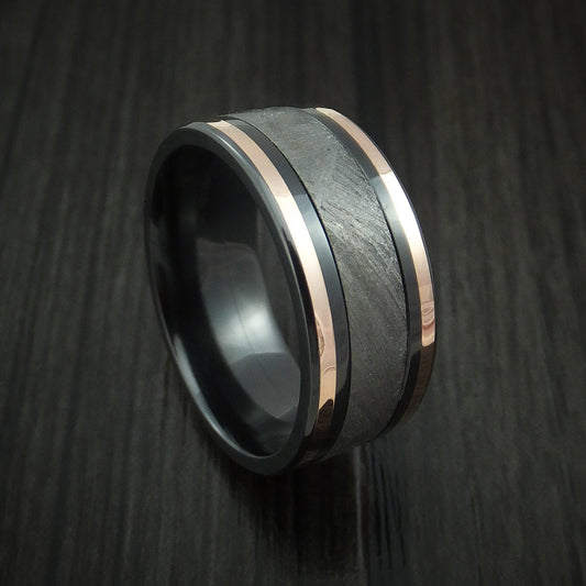 Overlander XVII - Black Zirconium and Gibeon Meteorite Men's Wedding Ring with 14K Rose Gold Inlays Band - Nura Lab