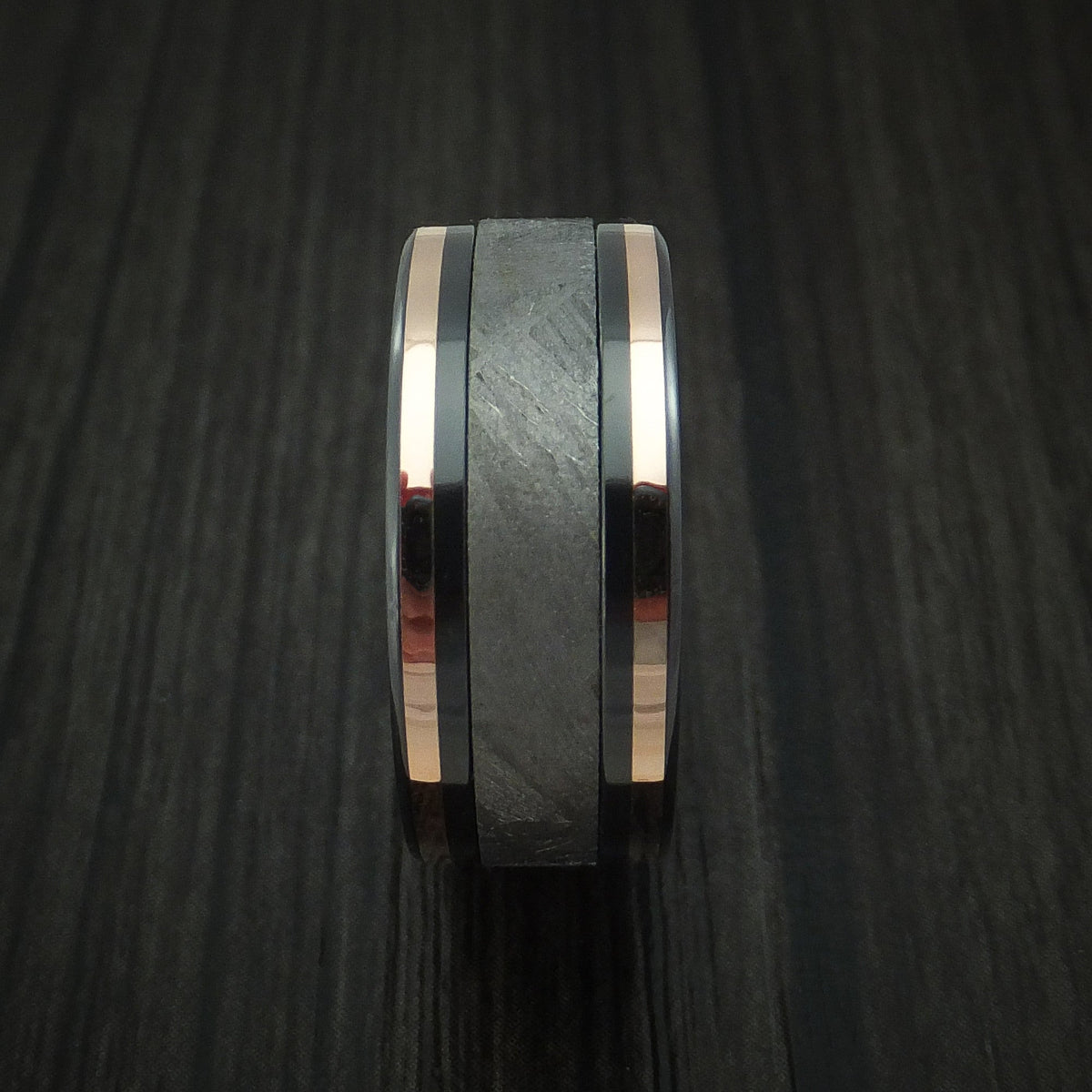 Overlander XVII - Black Zirconium and Gibeon Meteorite Men's Wedding Ring with 14K Rose Gold Inlays Band - view 3 - Nura Lab