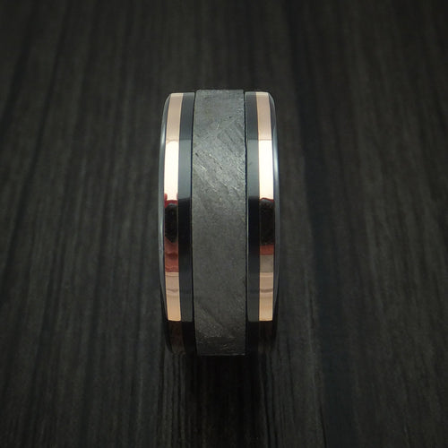 Overlander XVII - Black Zirconium and Gibeon Meteorite Men's Wedding Ring with 14K Rose Gold Inlays Band - view 3 - Nura Lab