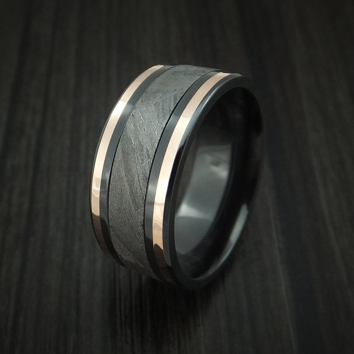 Overlander XVII - Black Zirconium and Gibeon Meteorite Men's Wedding Ring with 14K Rose Gold Inlays Band - view 4 - Nura Lab