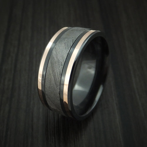 Overlander XVII - Black Zirconium and Gibeon Meteorite Men's Wedding Ring with 14K Rose Gold Inlays Band - view 4 - Nura Lab