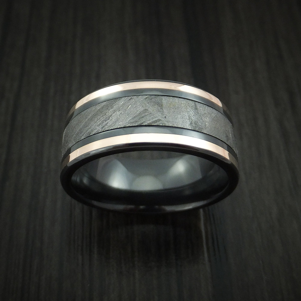 Overlander XVII - Black Zirconium and Gibeon Meteorite Men's Wedding Ring with 14K Rose Gold Inlays Band - view 2 - Nura Lab