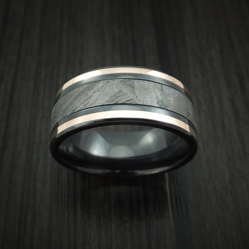 Overlander XVII - Black Zirconium and Gibeon Meteorite Men's Wedding Ring with 14K Rose Gold Inlays Band - view 2 - Nura Lab