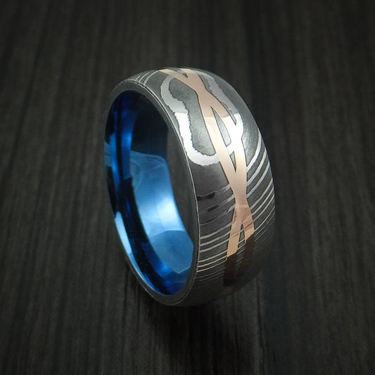 Heritage IX - Damascus Steel 14K Rose Gold Celtic Knot Men's Ring Infinity Design Anodized Wedding Ring - Nura Lab