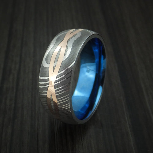 Heritage IX - Damascus Steel 14K Rose Gold Celtic Knot Men's Ring Infinity Design Anodized Wedding Ring - view 4 - Nura Lab