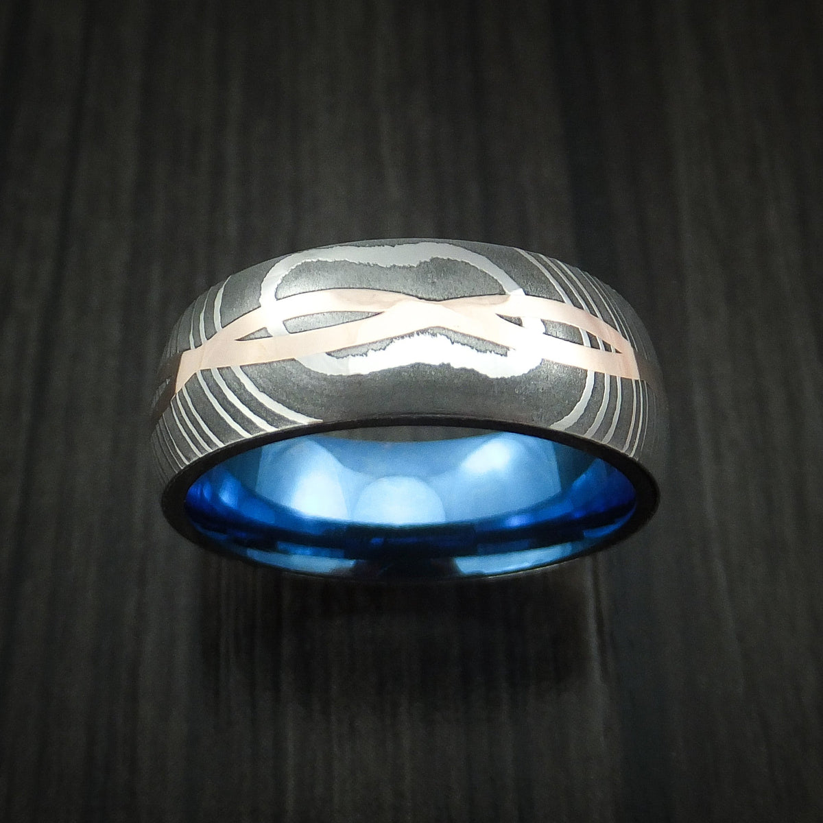 Heritage IX - Damascus Steel 14K Rose Gold Celtic Knot Men's Ring Infinity Design Anodized Wedding Ring - view 2 - Nura Lab