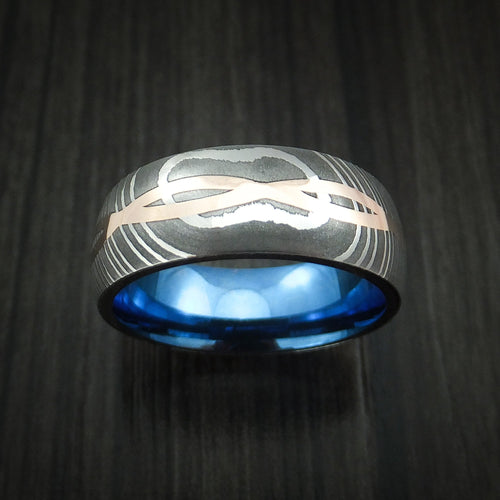 Heritage IX - Damascus Steel 14K Rose Gold Celtic Knot Men's Ring Infinity Design Anodized Wedding Ring - view 2 - Nura Lab