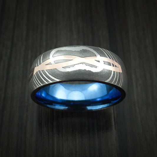 Heritage IX - Damascus Steel 14K Rose Gold Celtic Knot Men's Ring Infinity Design Anodized Wedding Ring - view 2 - Nura Lab