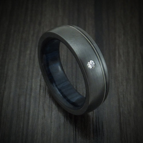 Nightfall XIII - Black Zirconium Guitar String Men's Wedding Ring with Diamond and Wood Sleeve - Nura Lab