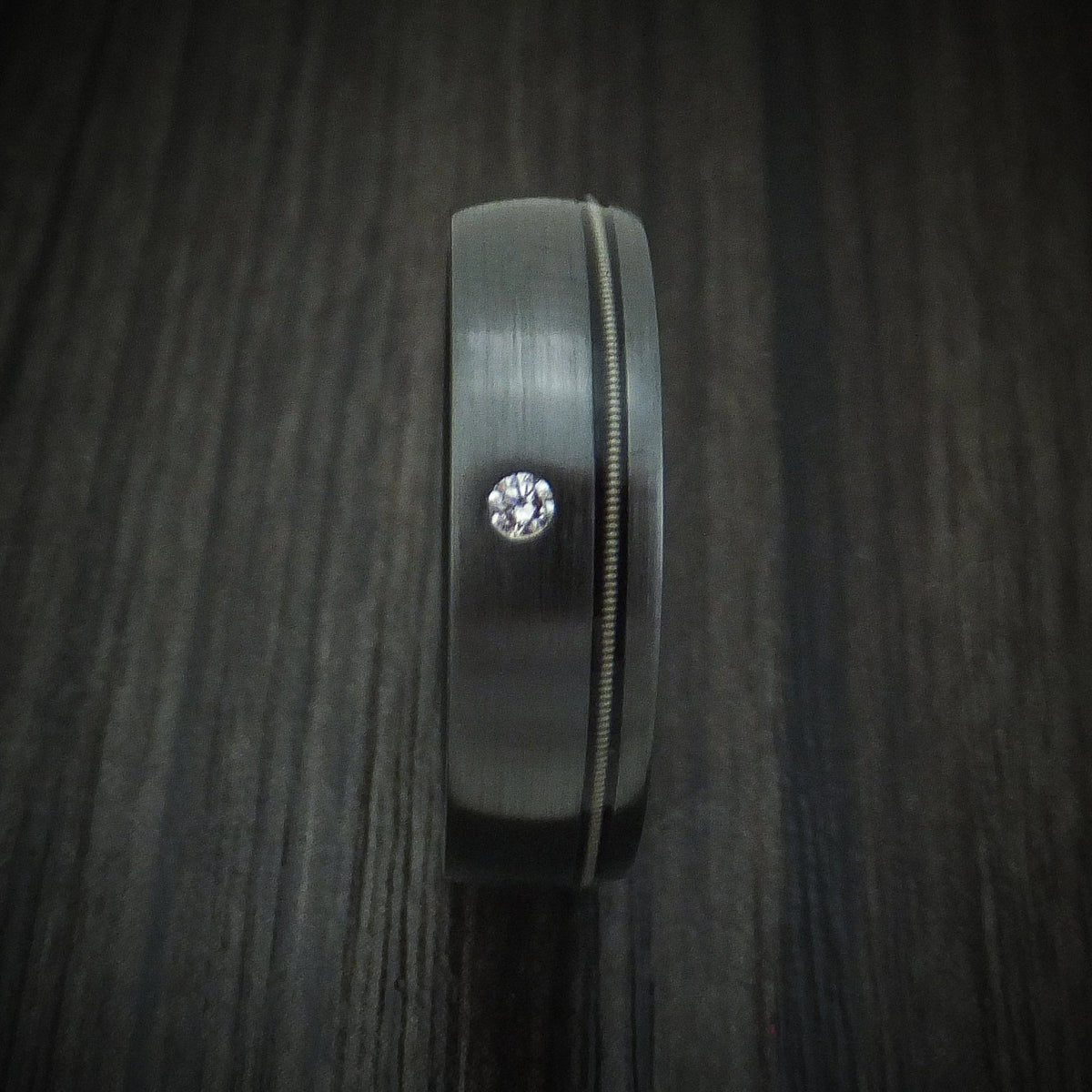 Nightfall XIII - Black Zirconium Guitar String Men's Wedding Ring with Diamond and Wood Sleeve - view 3 - Nura Lab