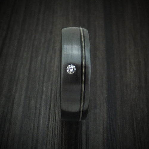 Nightfall XIII - Black Zirconium Guitar String Men's Wedding Ring with Diamond and Wood Sleeve - view 3 - Nura Lab